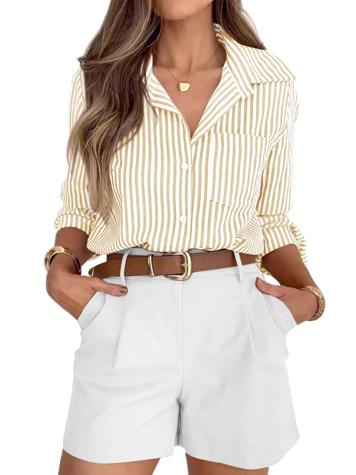 siliteelon Striped Button Down Shirts for Women Work Collared Dress Shirt