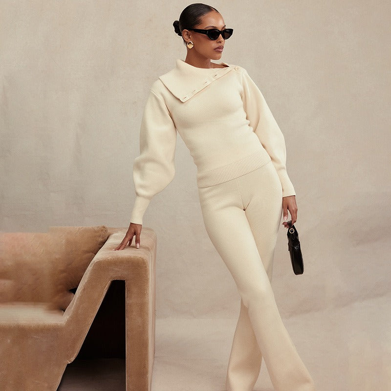 Two piece sexy trendy hooded long sleeved straight leg pants knit set