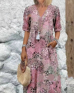 Pocket Long Dress with Lace Trim V-Neck Short Sleeve Dress for Women