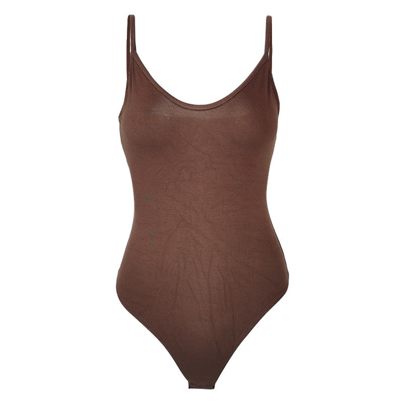 Cross-Border New Product Sexy Tight T-Shaped Bottoming Women's Summer European and American Backless V Neck Suspbottomer Bodysuit Bodysuit
