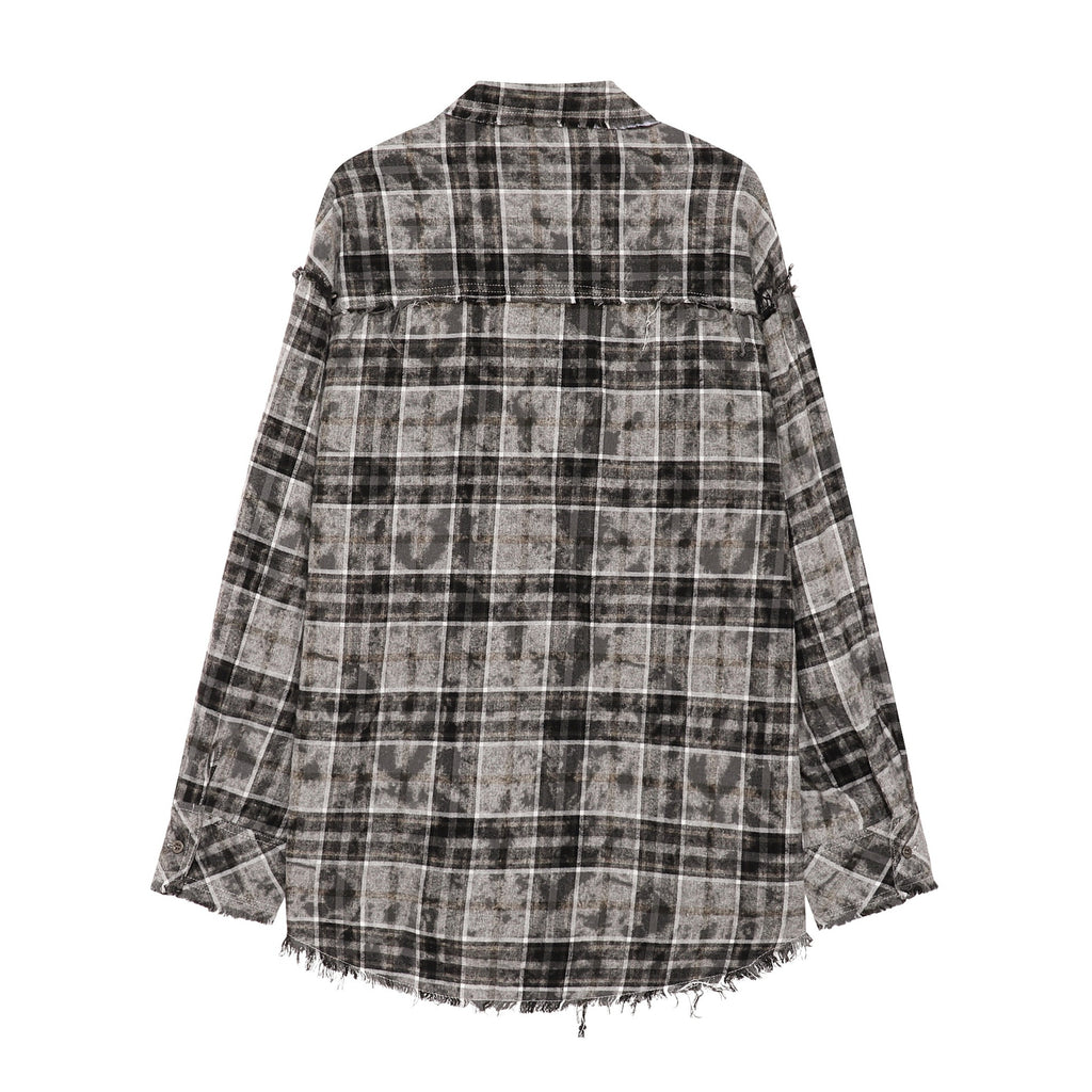 Retro Street Plaid Tie-Dye Long Sleeve Shirt Men Oversize Loose Design Fringe Raw Edge Shirt