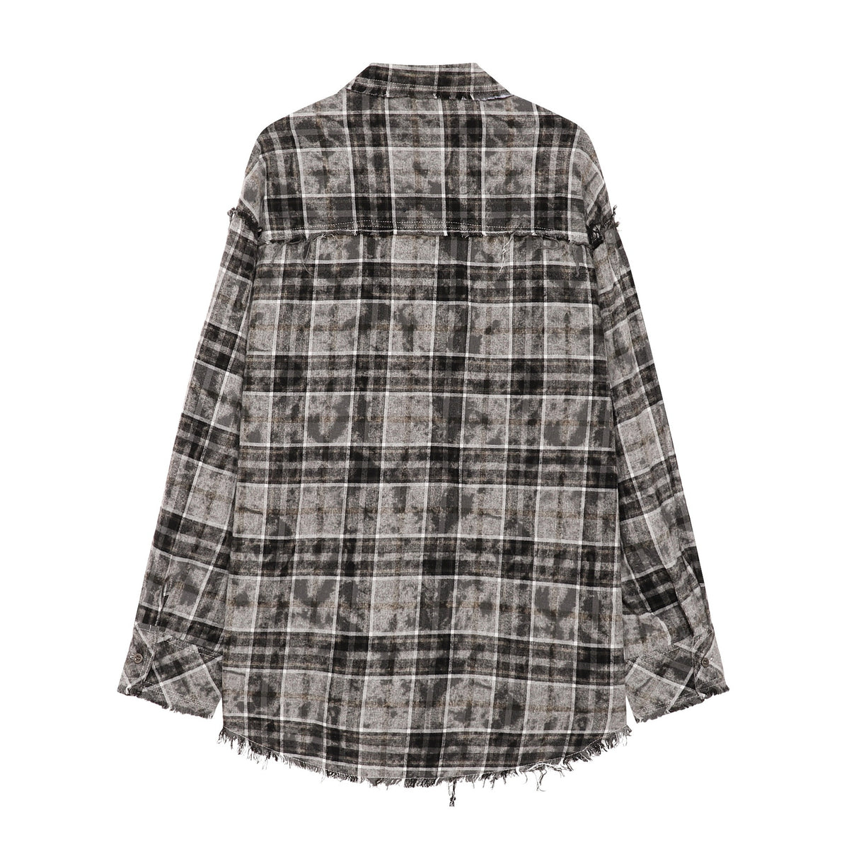 Retro Street Plaid Tie-Dye Long Sleeve Shirt Men Oversize Loose Design Fringe Raw Edge Shirt
