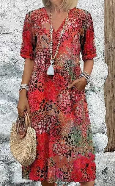 Pocket Long Dress with Lace Trim V-Neck Short Sleeve Dress for Women