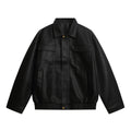 Metal Zipper Loose Muted Brown PU Leather Jacket for Men