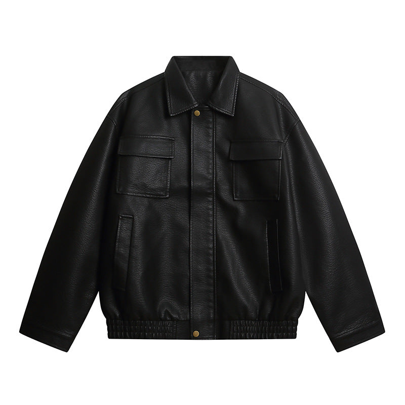 Metal Zipper Loose Muted Brown PU Leather Jacket for Men