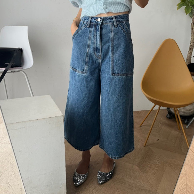 Korean style chic retro washed high waisted large pocket A-line slimming loose denim wide leg pants cropped pants