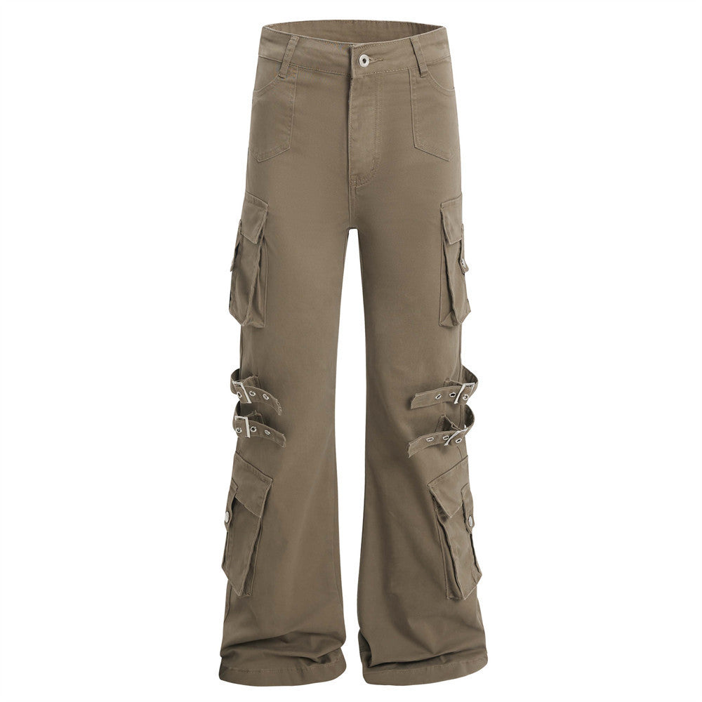 Vibe American Style Flared Work Pants with Unique Belt Design and Multiple Pockets for Men