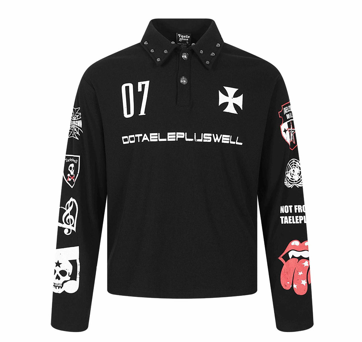 Roll Distressed Printed Stud Long Sleeve Polo Shirt for Men