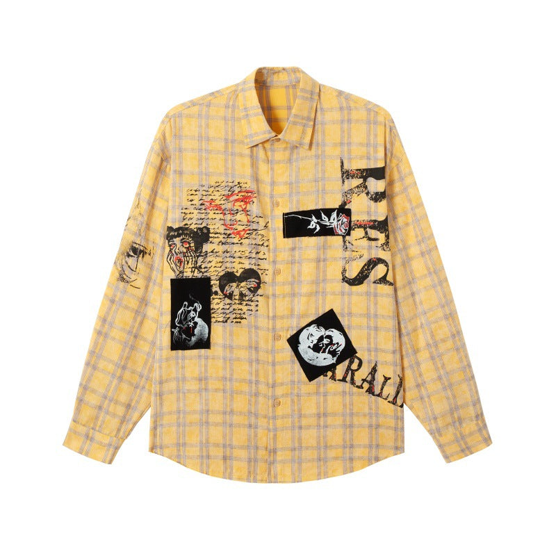 Spray painted graffiti checkered long sleeved shirt for men and women loose fitting shirt
