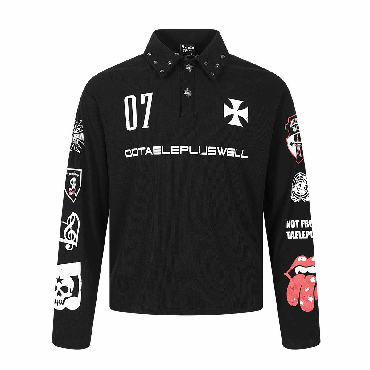 Roll Distressed Printed Stud Long Sleeve Polo Shirt for Men