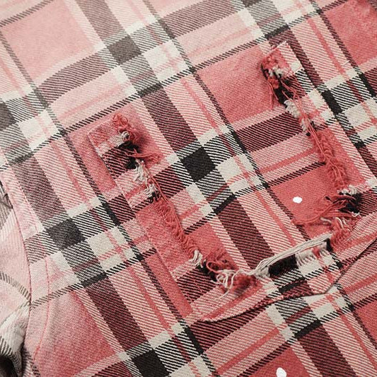 Chemise à Carreaux Dégradé Frangée Rétro Americana Manches Longues pour Homme