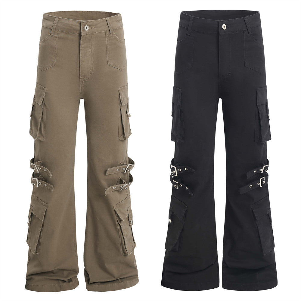 Vibe American Style Flared Work Pants with Unique Belt Design and Multiple Pockets for Men