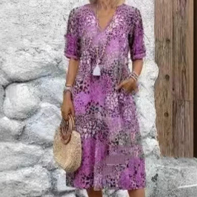 Pocket Long Dress with Lace Trim V-Neck Short Sleeve Dress for Women
