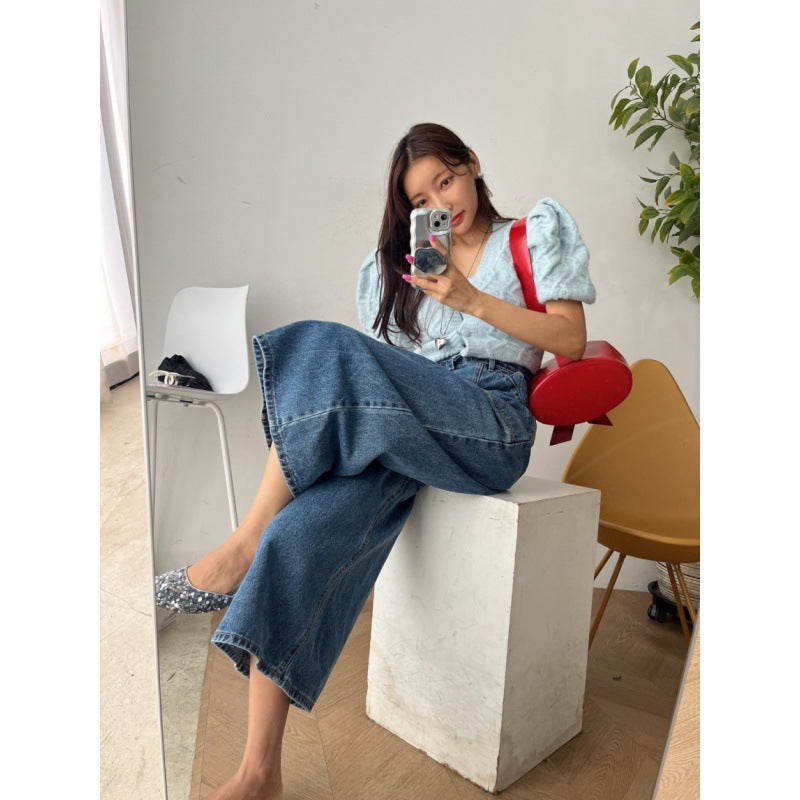 Korean style chic retro washed high waisted large pocket A-line slimming loose denim wide leg pants cropped pants
