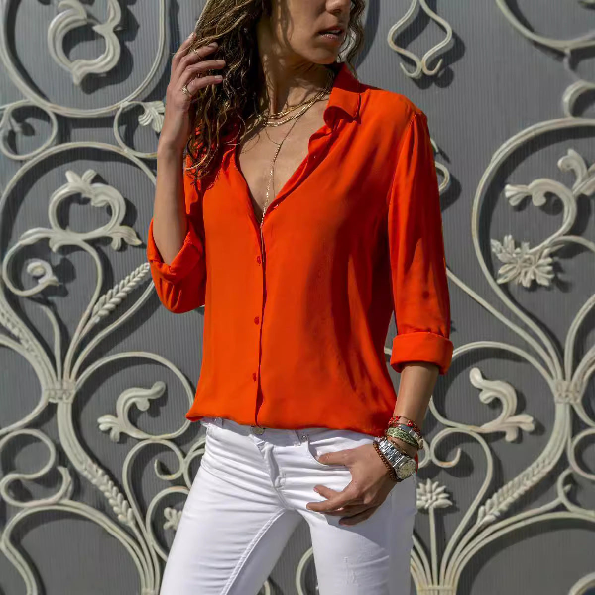 Ladies' Long Sleeve Deep V-Neck Buttoned Chiffon Blouse
