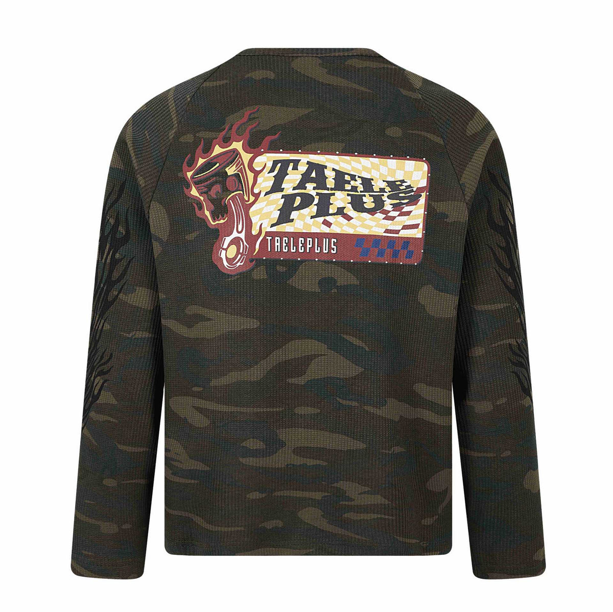 Camouflage Waffle Knit Street Graffiti Printed Long Sleeve T-Shirt for Men