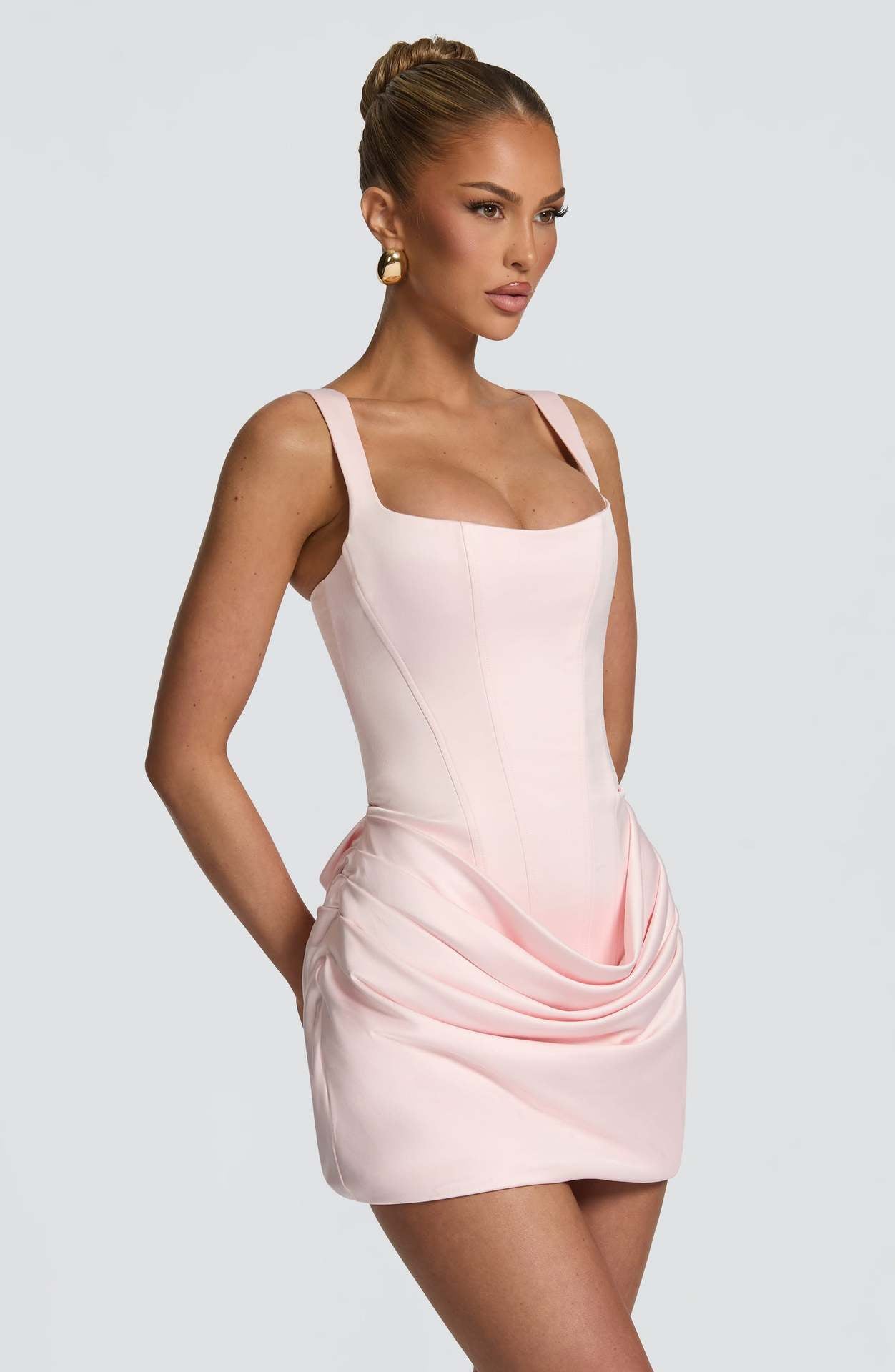 Square Neck Sleeveless High Waist Tie Belt Slim Fit Elegant 3D Pleated Bodycon Short Dress