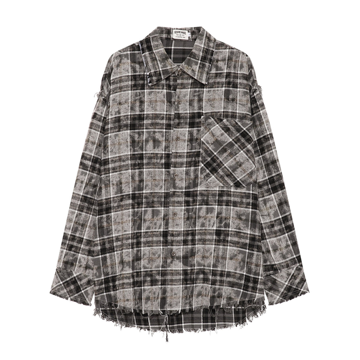 Retro Street Plaid Tie-Dye Long Sleeve Shirt Men Oversize Loose Design Fringe Raw Edge Shirt