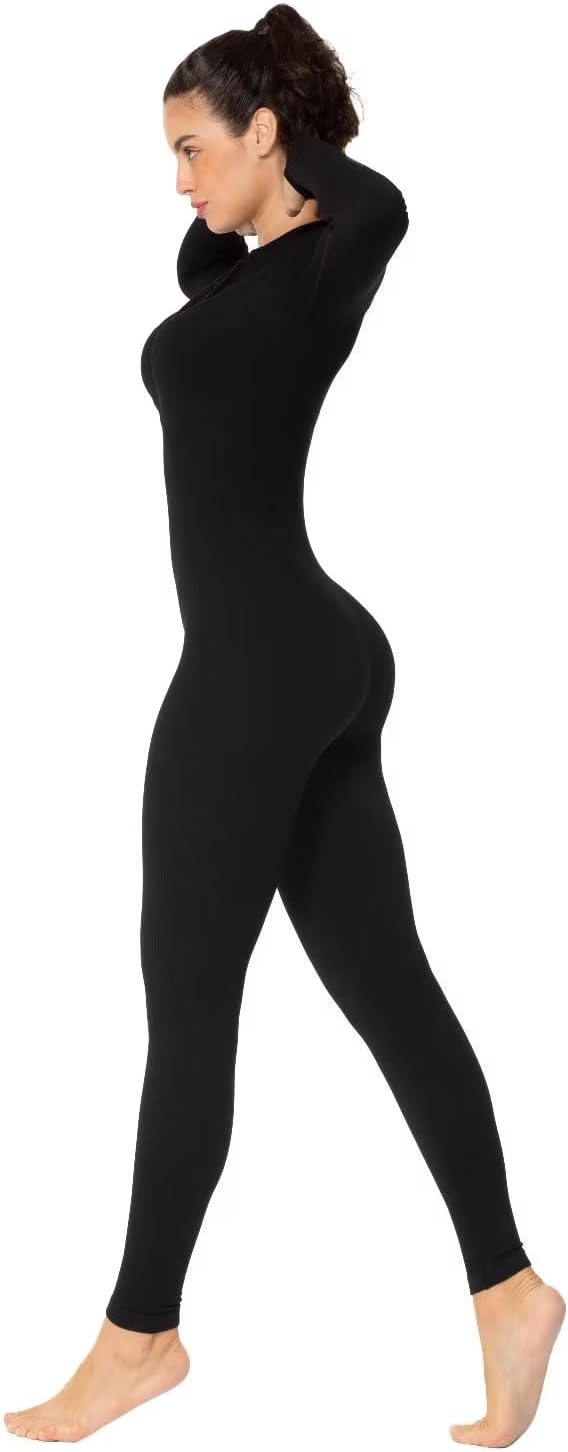 Sunzel Women's Ribbed Long Sleeve Zip Front Yoga Jumpsuit with Thumbholes