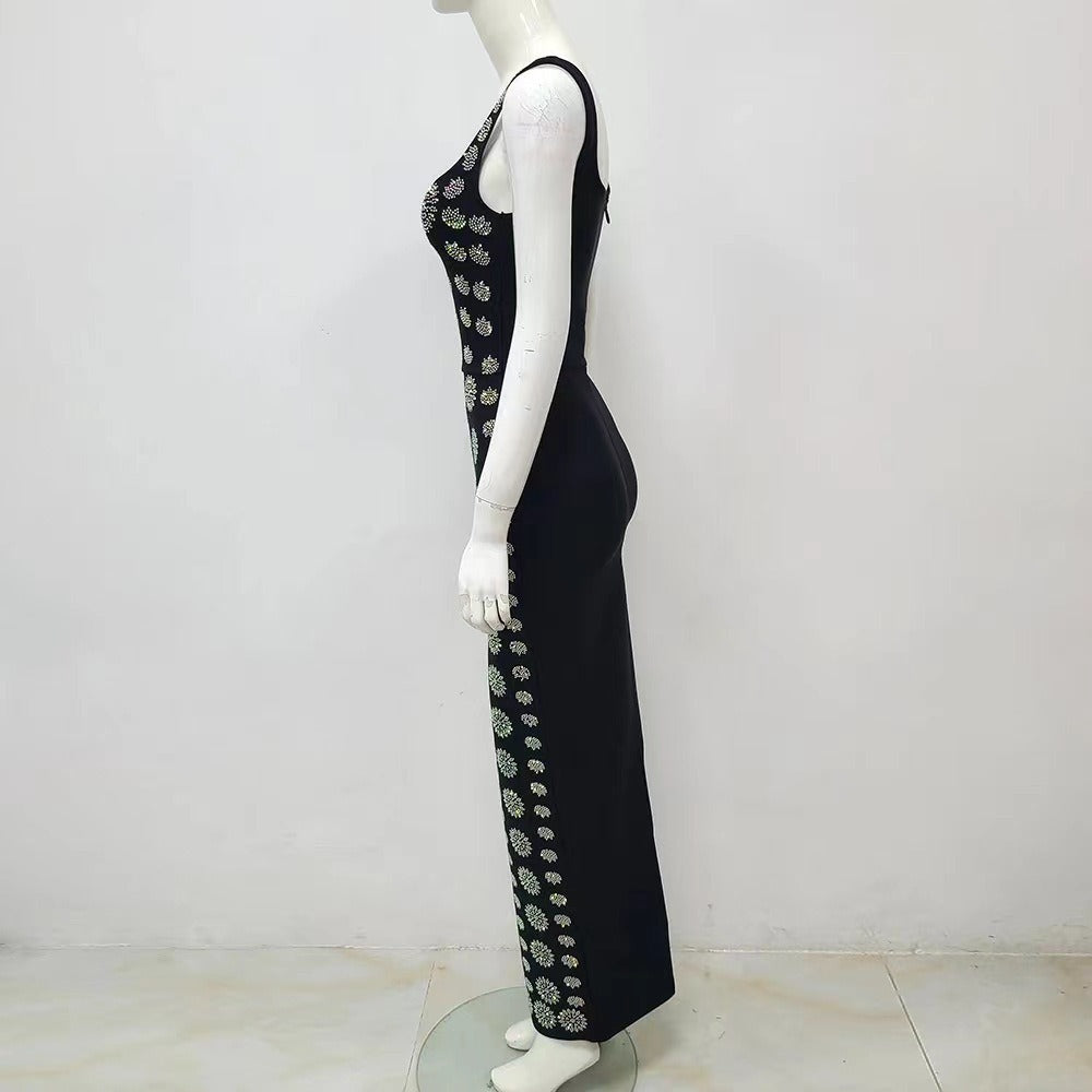 V-neck suspender with diamond embellishment buttocks wrapped bandage skirt high-end heavy industry dress