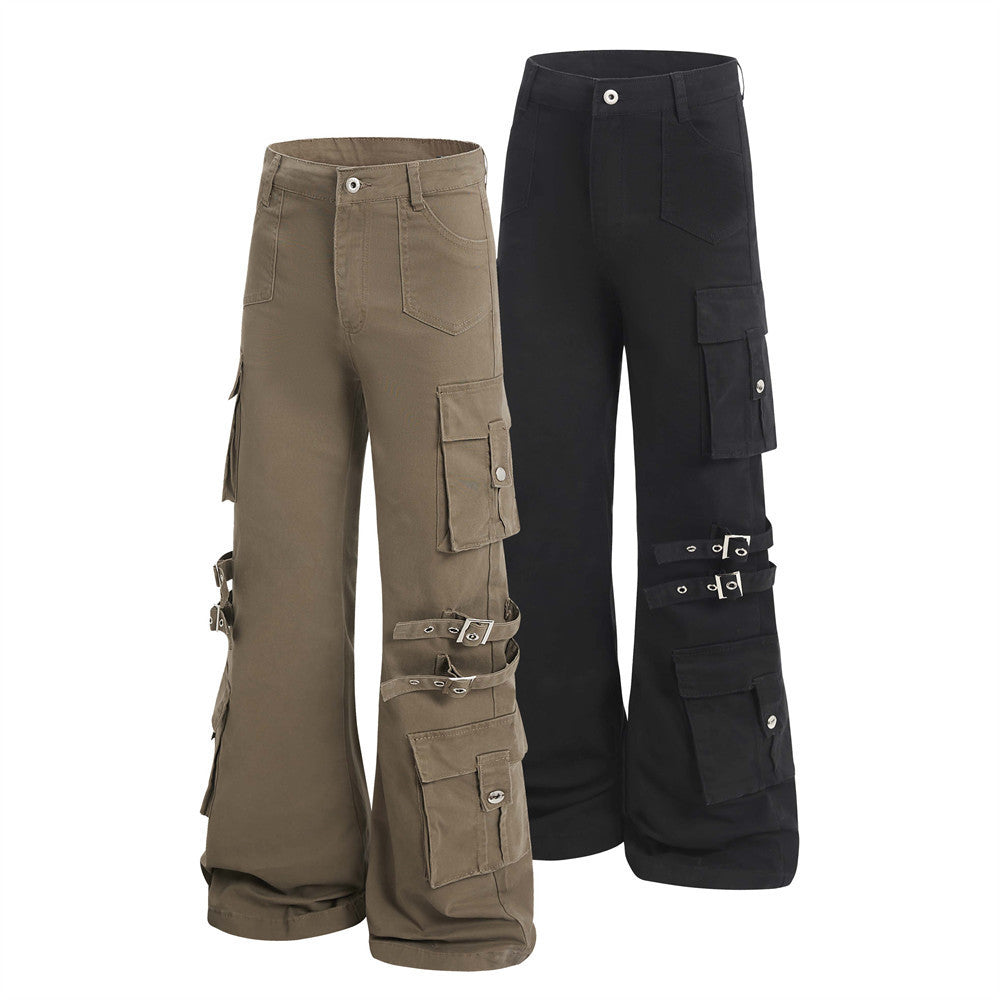 Vibe American Style Flared Work Pants with Unique Belt Design and Multiple Pockets for Men