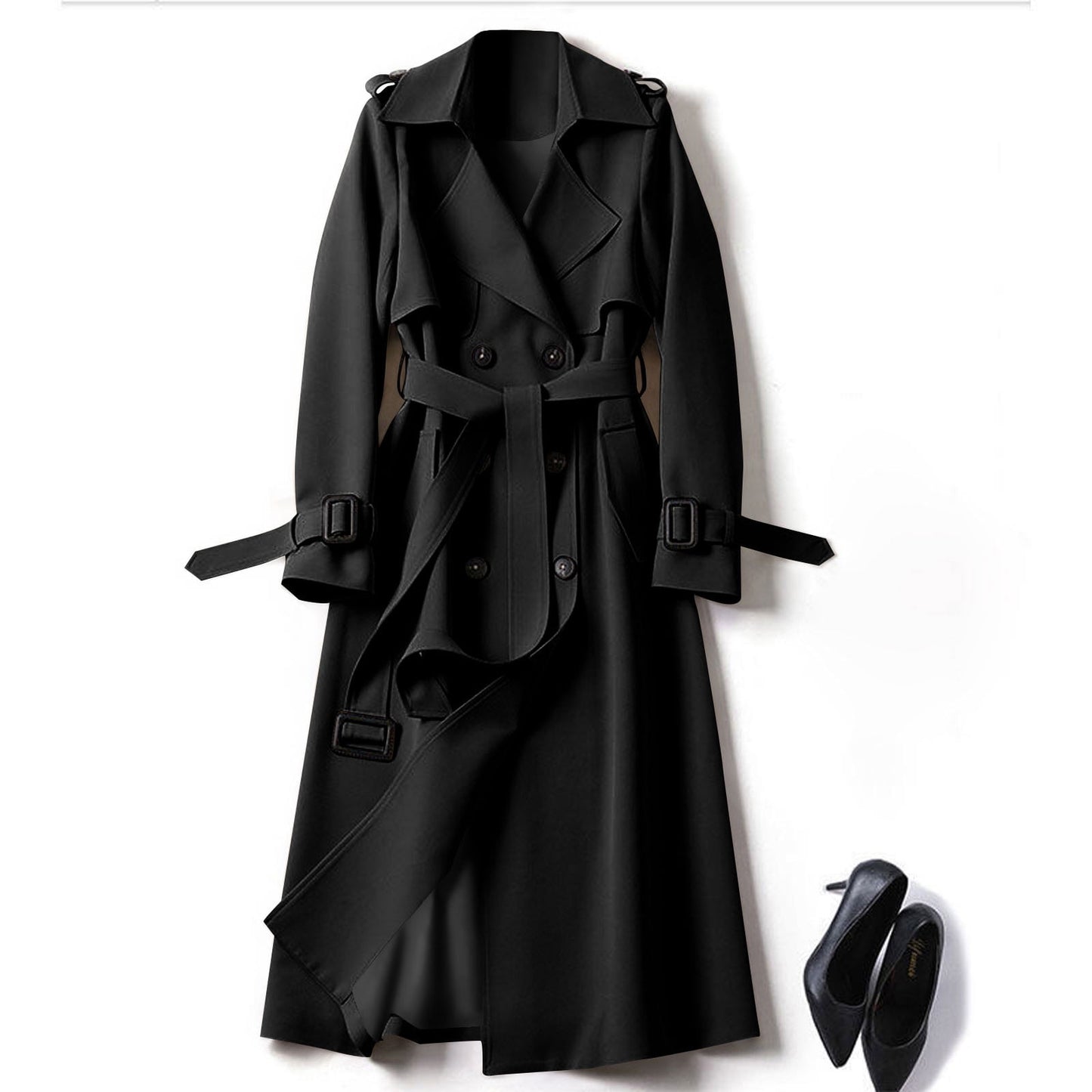 VEKDONE Women's Double Breasted Long Trench Coat Belted Notch Lapel Overcoat Windproof Classic Outerwear Dressy Business Office Pea Coat