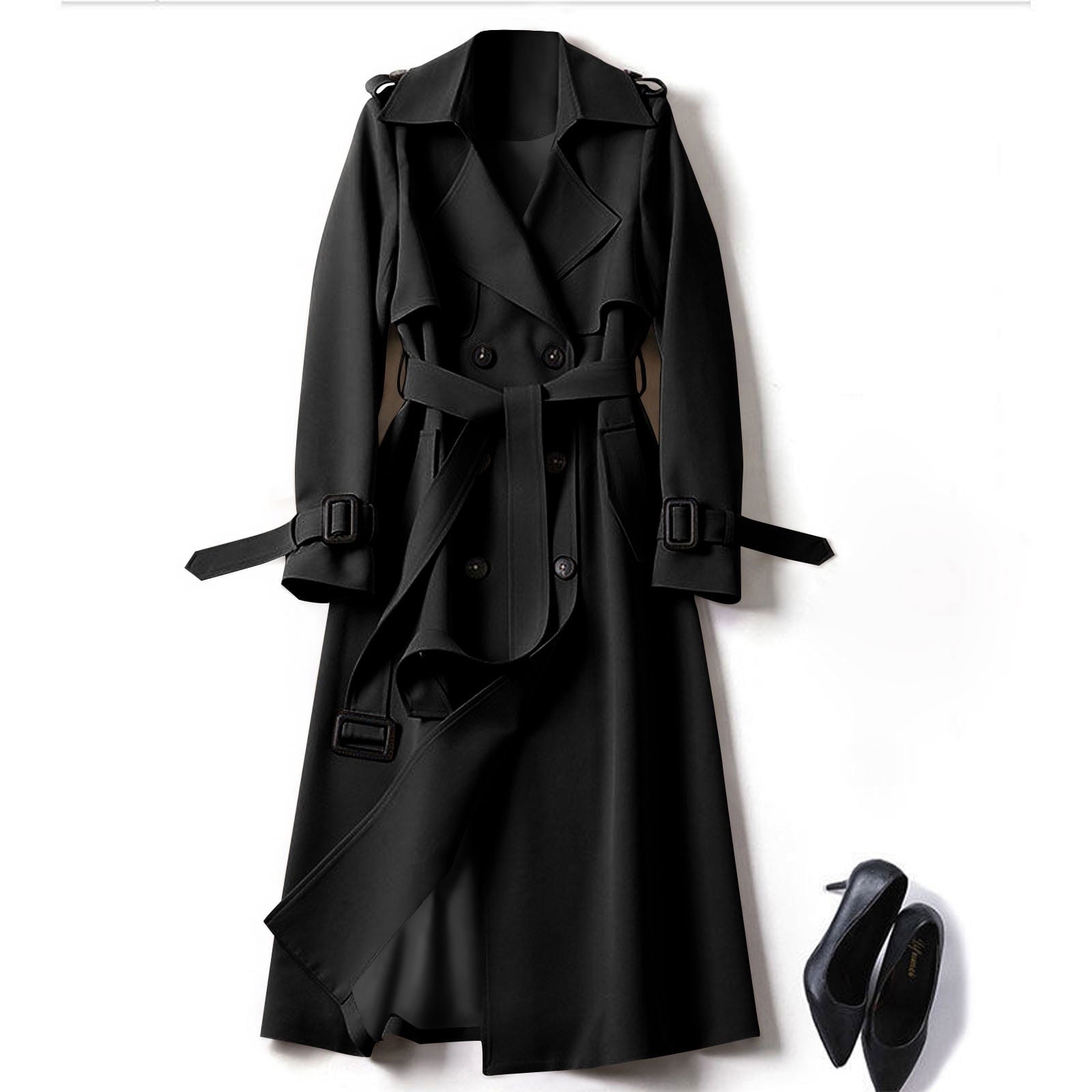 VEKDONE Women's Double Breasted Long Trench Coat Belted Notch Lapel Overcoat Windproof Classic Outerwear Dressy Business Office Pea Coat