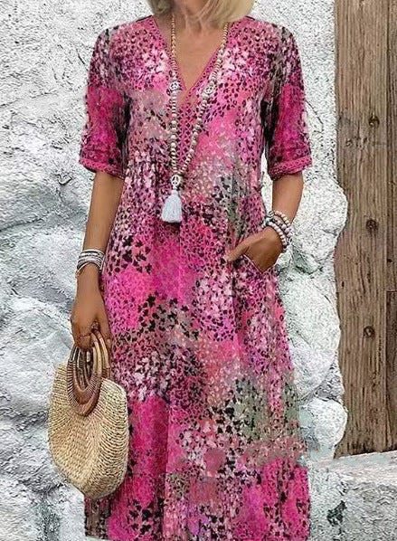 Pocket Long Dress with Lace Trim V-Neck Short Sleeve Dress for Women