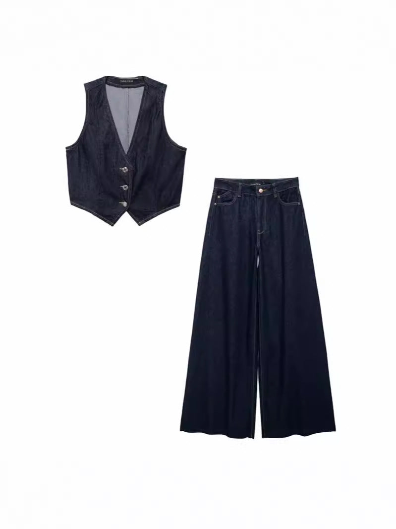 Fashionable and versatile wide leg comfortable casual high waisted denim top+pants set