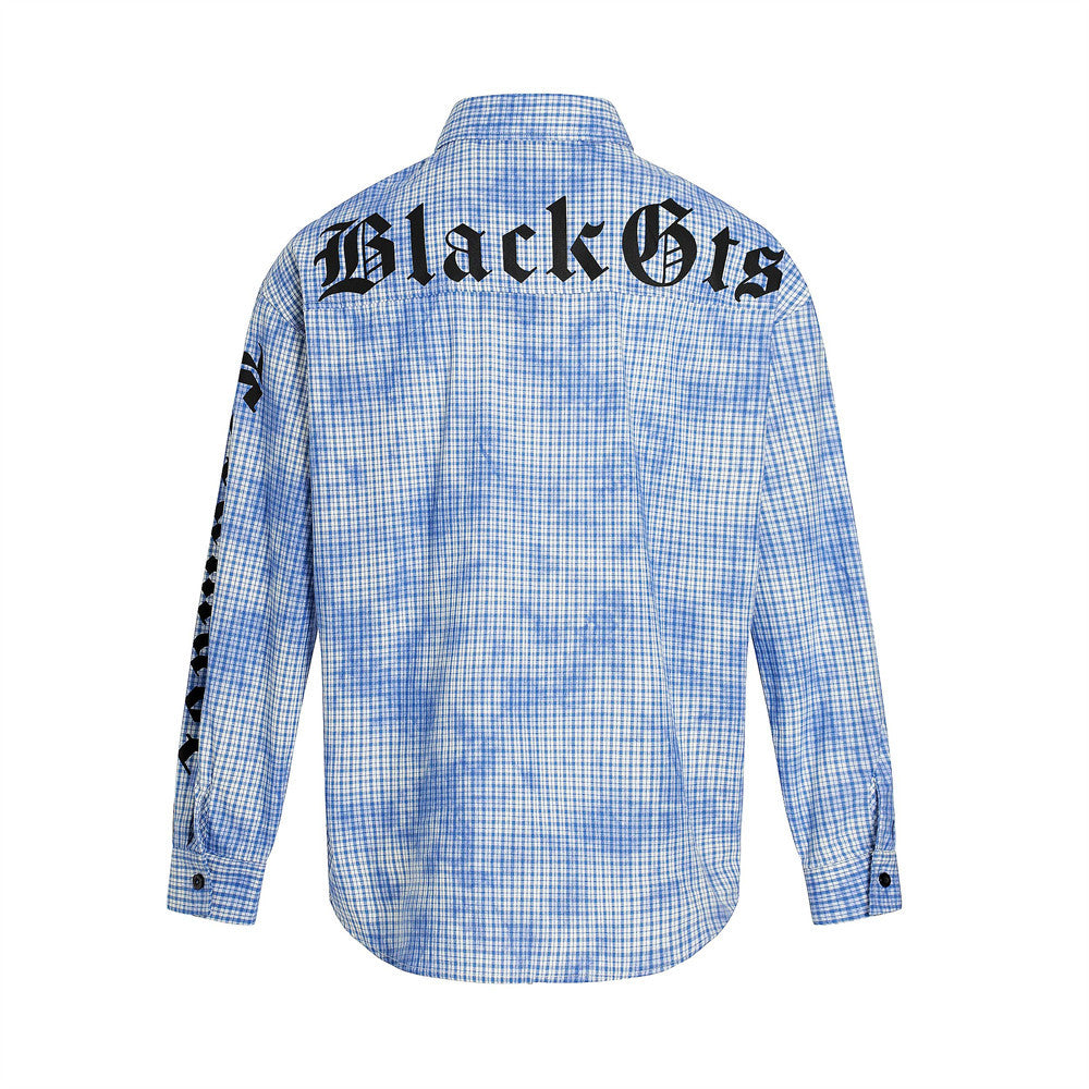 Unique Trendy Tie-Dye Plaid Long Sleeve Shirt for Men Vibe Design Spider Web Letter Print Shirt
