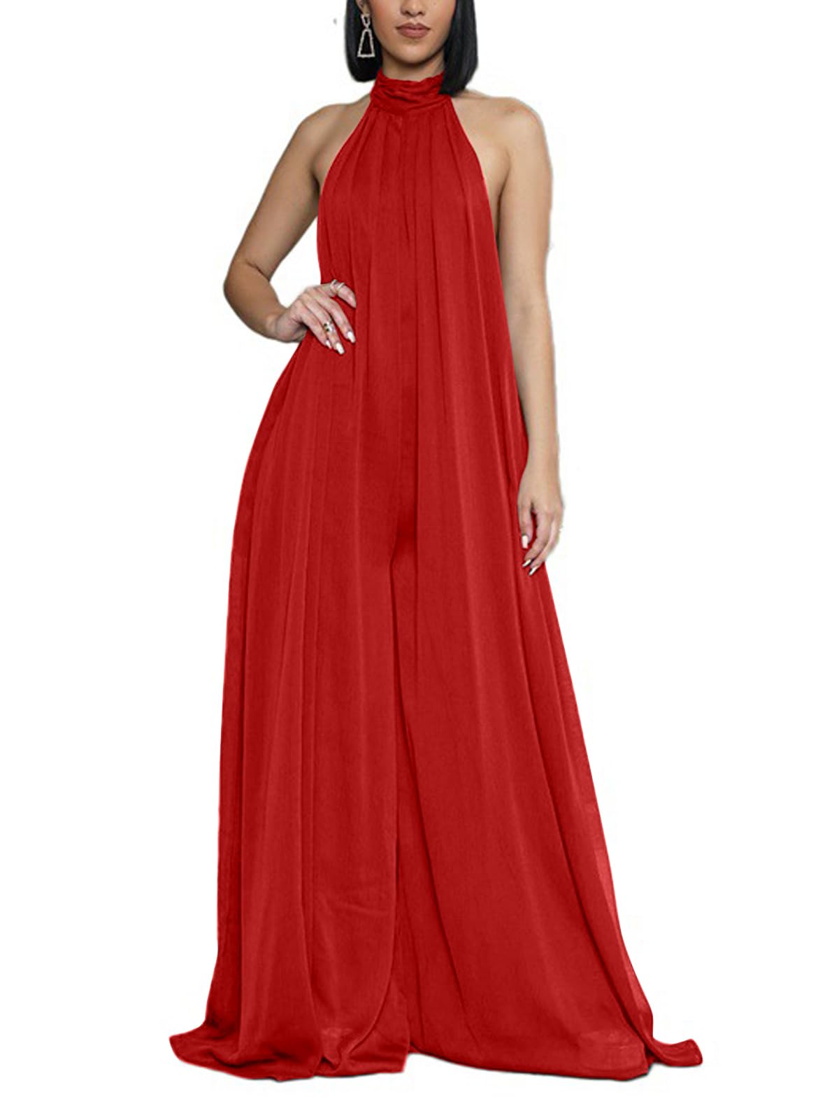 Ekaliy Summer Jumpsuit for Women Dressy Chiffon Halter Neck Jumpsuits