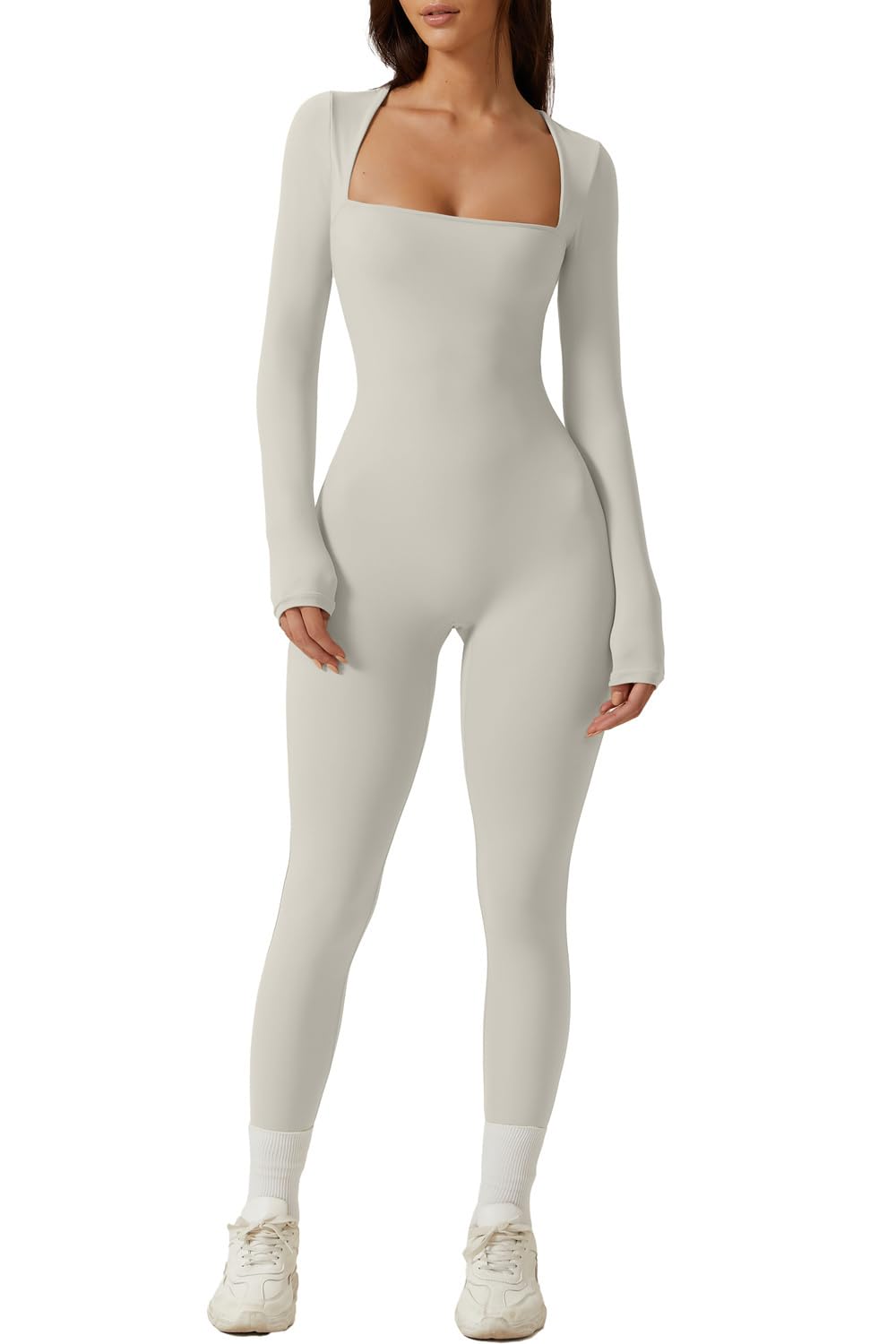QINSEN Womens Sexy Square Neck Long Sleeve Full Length Leggings Bodycon Stretch Jumpsuit