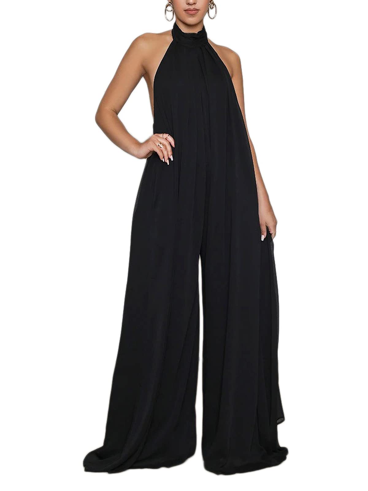 Ekaliy Summer Jumpsuit for Women Dressy Chiffon Halter Neck Jumpsuits