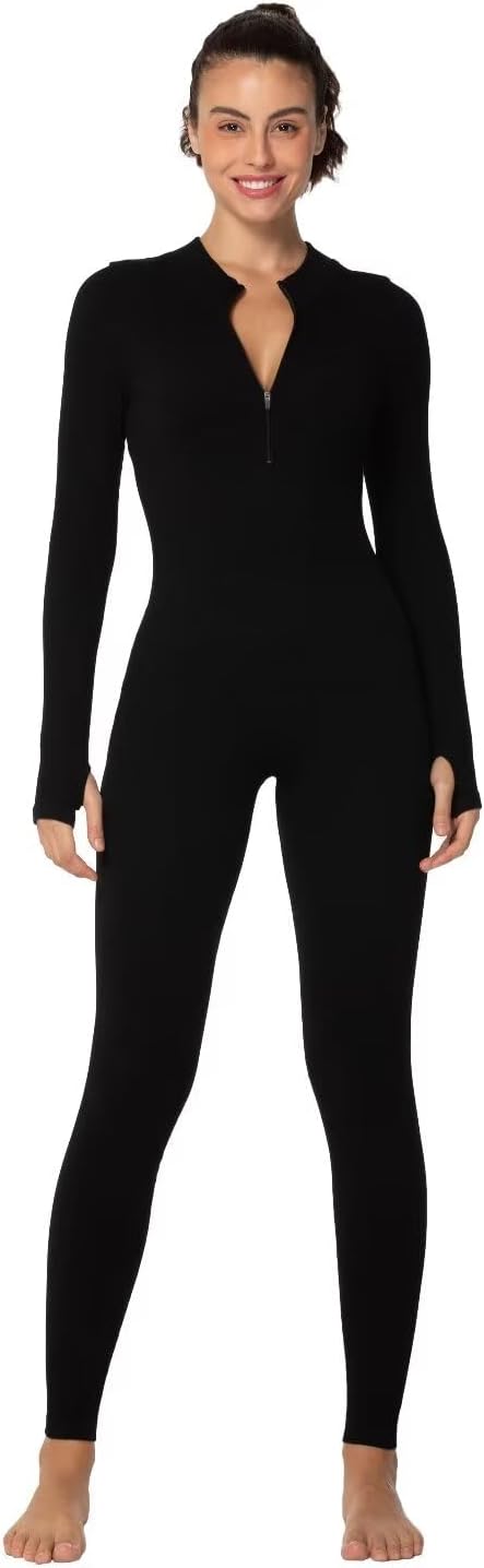 Sunzel Women's Ribbed Long Sleeve Zip Front Yoga Jumpsuit with Thumbholes