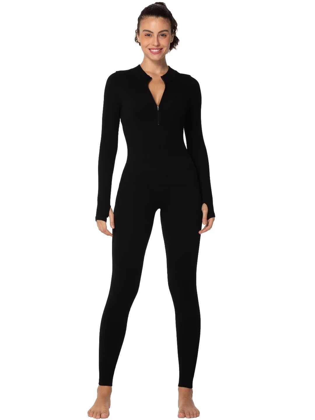 Sunzel Women's Ribbed Long Sleeve Zip Front Yoga Jumpsuit with Thumbholes