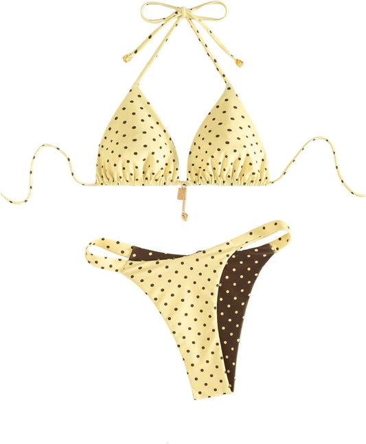 SOLY HUX Women's Polka Dots Bikini Set Halter Triangle Reversible Beachwear