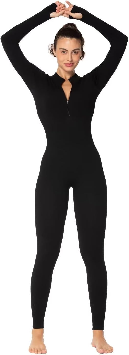 Sunzel Women's Ribbed Long Sleeve Zip Front Yoga Jumpsuit with Thumbholes