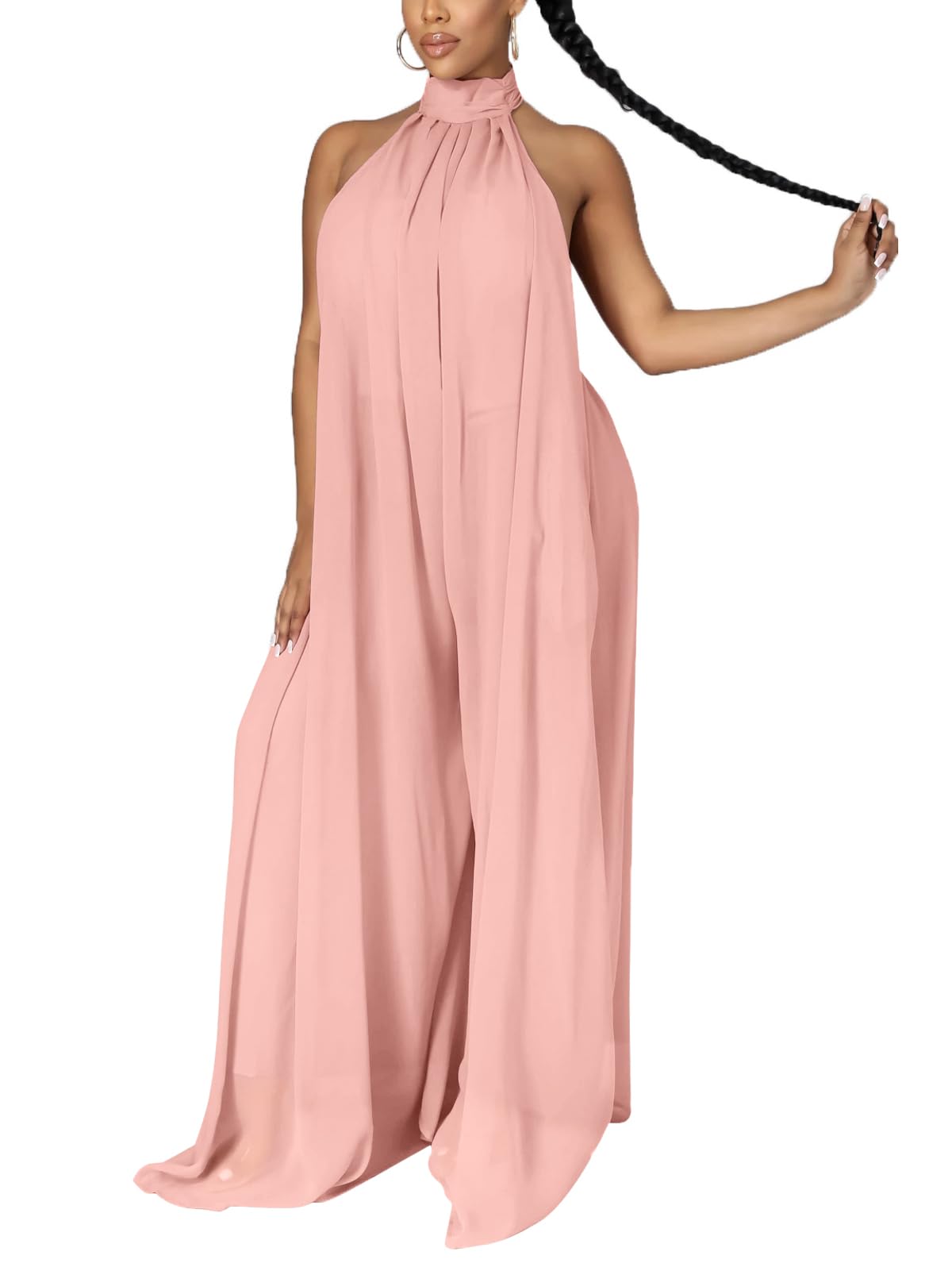 Ekaliy Summer Jumpsuit for Women Dressy Chiffon Halter Neck Jumpsuits