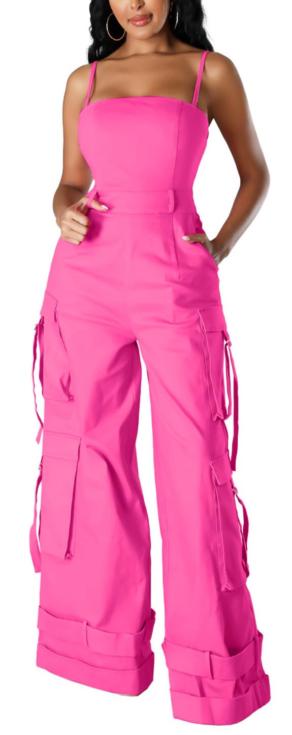 Womens Cargo Jumpsuit Sexy One Piece Outfit Wide Leg Romper Multi Pockets Overalls