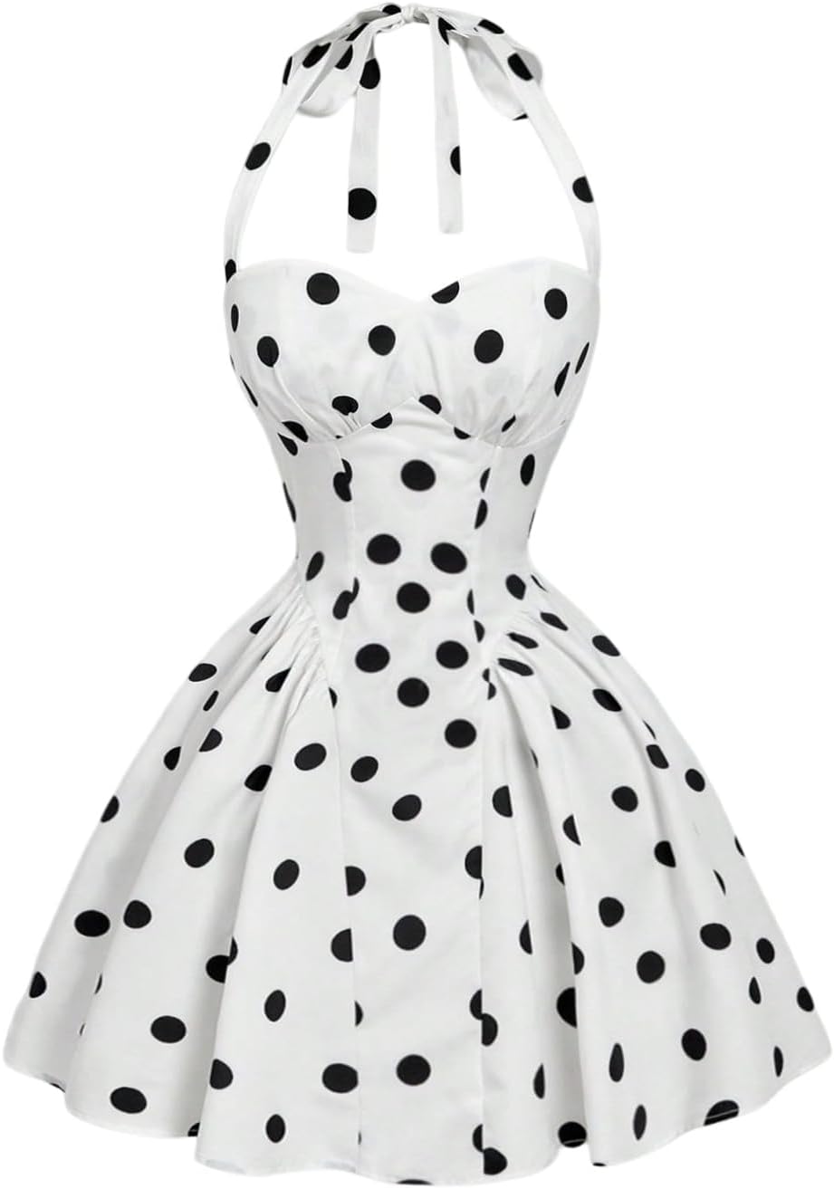 SHENHE Women's Polka Dots Vintage Halter Swing Dress Fit and Flare Sundress