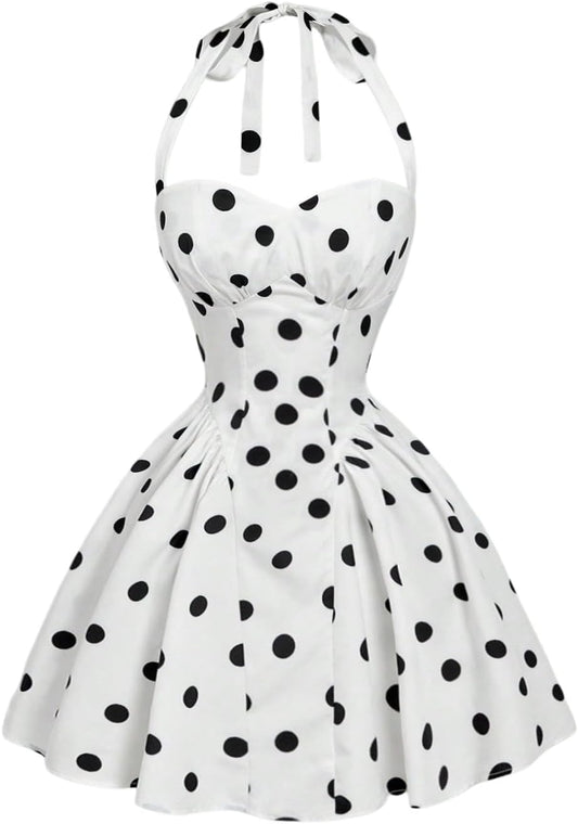 SHENHE Women's Polka Dots Vintage Halter Swing Dress Fit and Flare Sundress