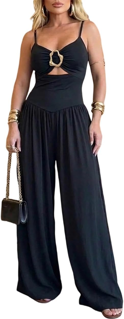 CHICME Women's Cutout Wide Leg Jumpsuit U-Neck Backless Summer Romper