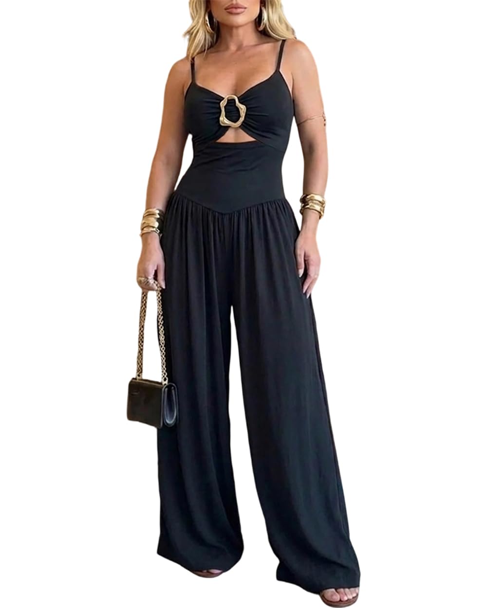 CHICME Women's Cutout Wide Leg Jumpsuit U-Neck Backless Summer Romper