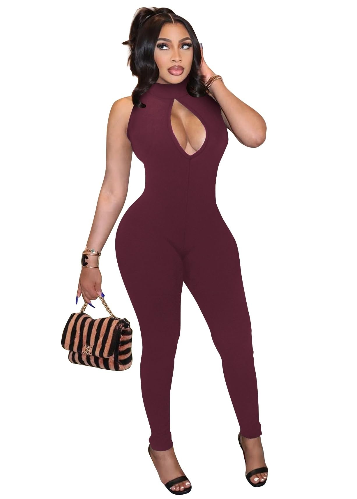 Hafailia Women's Cut out Bodycon Jumpsuit Sleeveless Mock Neck Catsuit