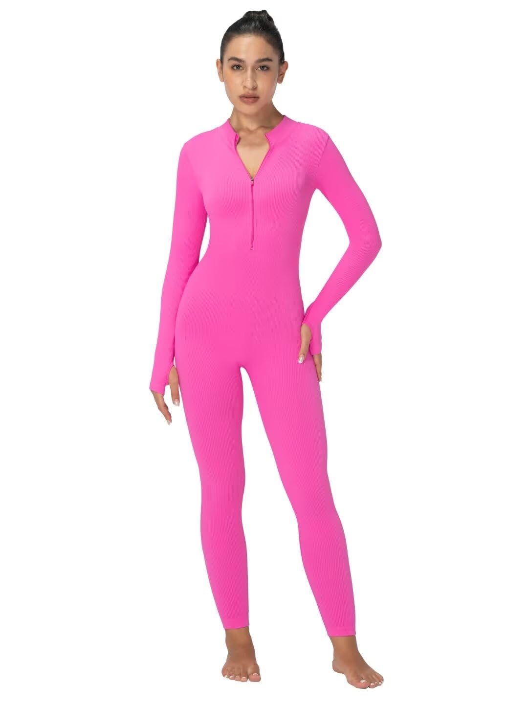 Sunzel Women's Ribbed Long Sleeve Zip Front Yoga Jumpsuit with Thumbholes