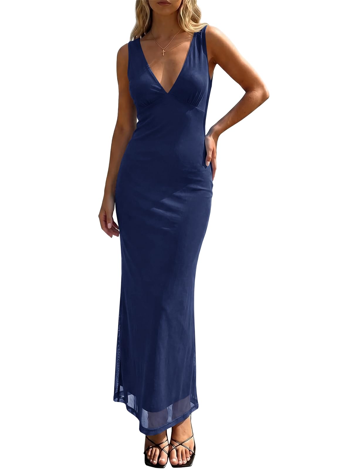 Wenrine Womens Summer Polka Dot Maxi Dress Mesh V Neck Wedding Guest Dress