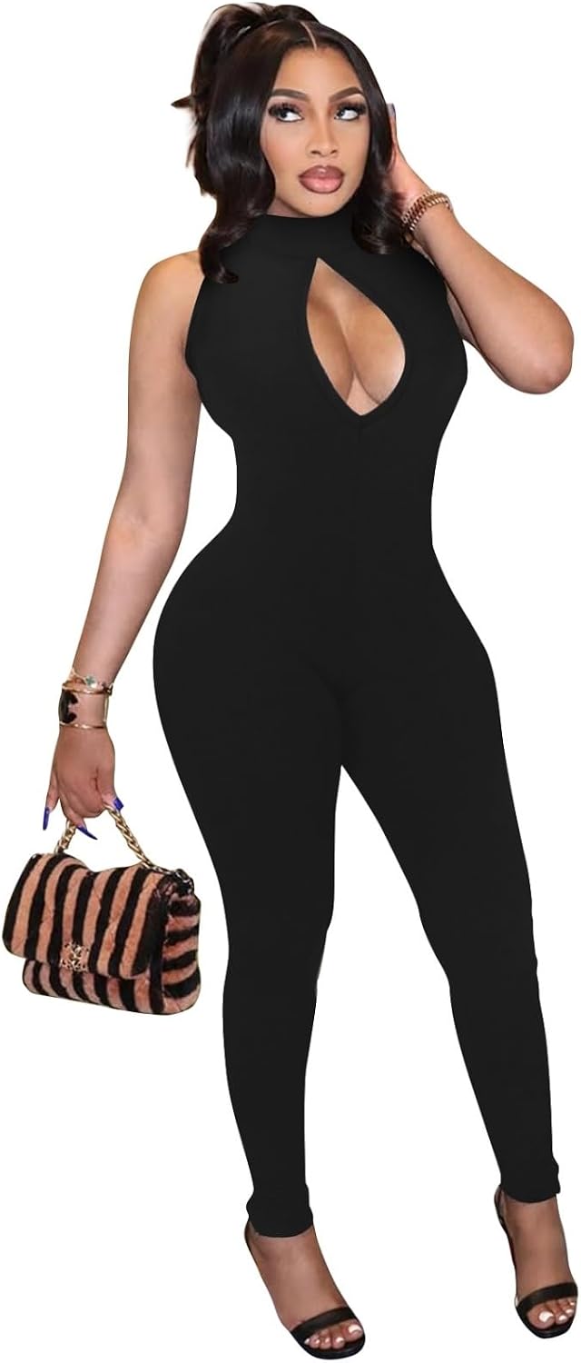Hafailia Women's Cut out Bodycon Jumpsuit Sleeveless Mock Neck Catsuit