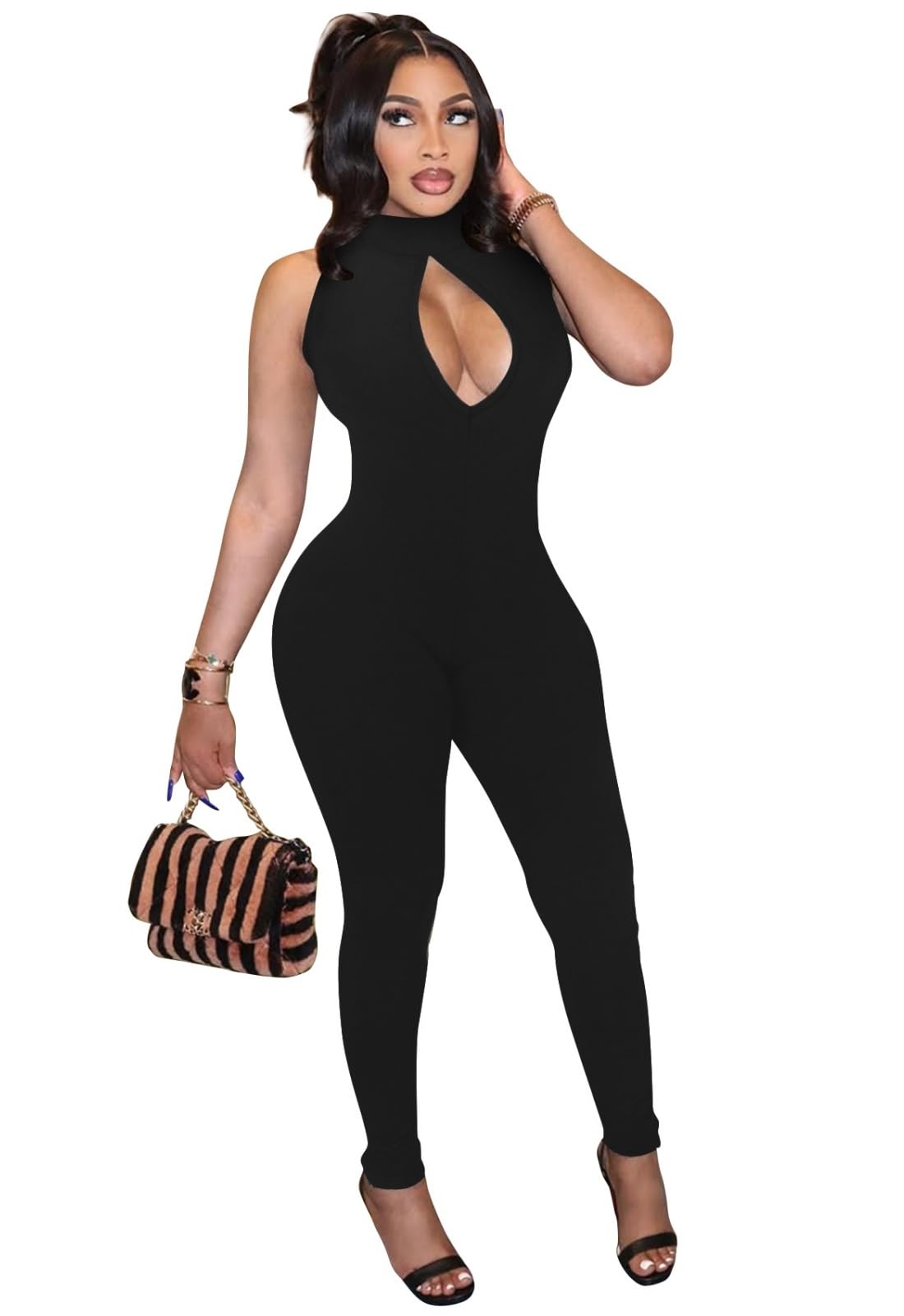 Hafailia Women's Cut out Bodycon Jumpsuit Sleeveless Mock Neck Catsuit