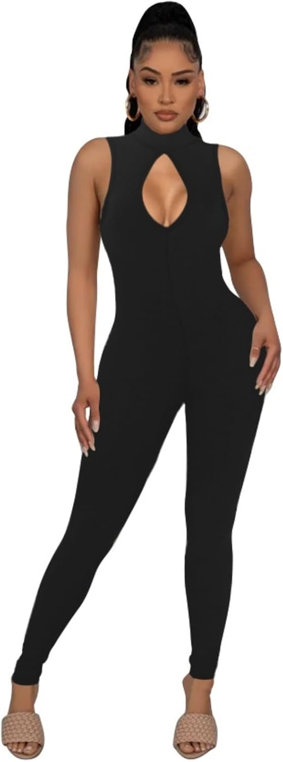 Hafailia Women's Cut out Bodycon Jumpsuit Sleeveless Mock Neck Catsuit