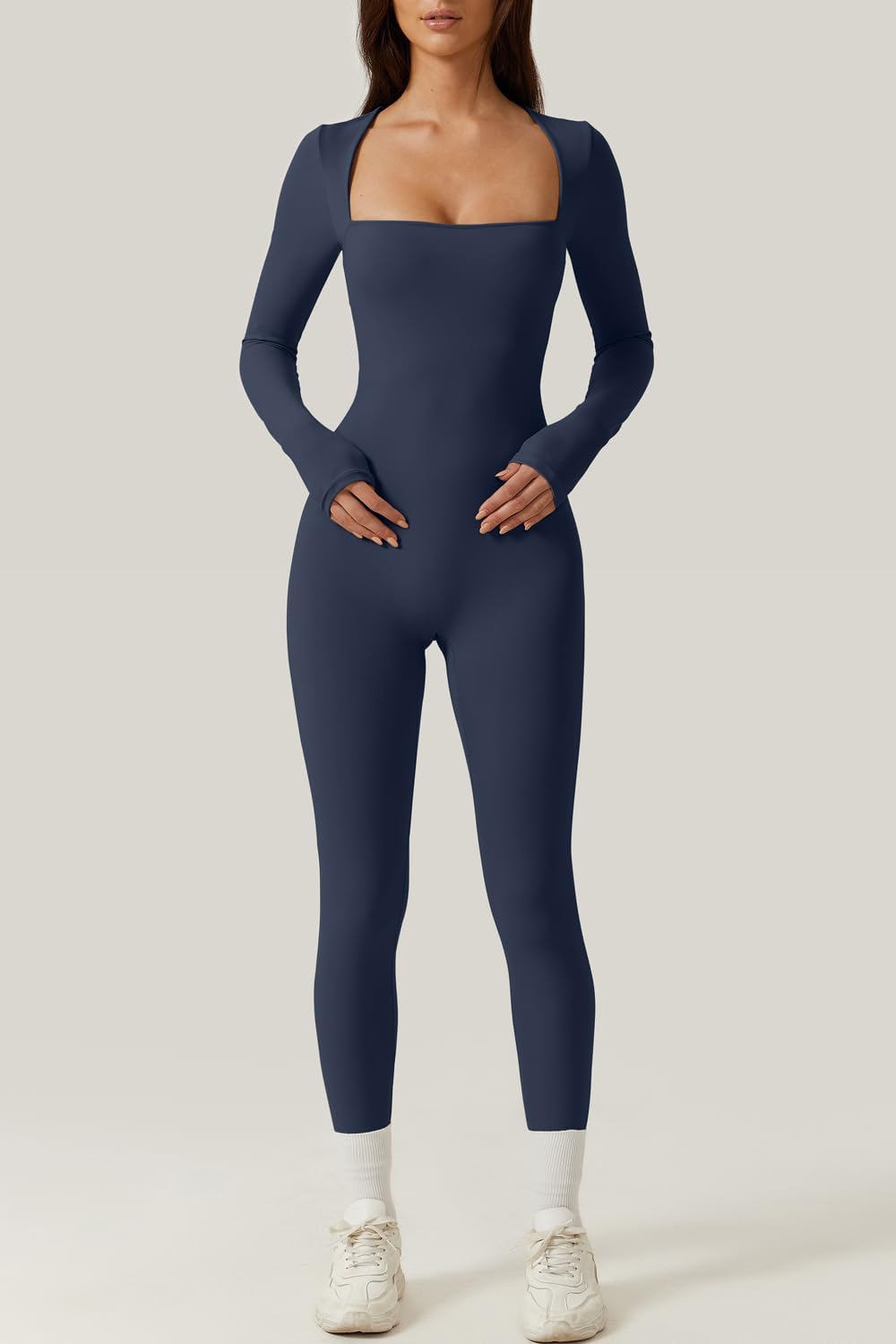 QINSEN Womens Sexy Square Neck Long Sleeve Full Length Leggings Bodycon Stretch Jumpsuit